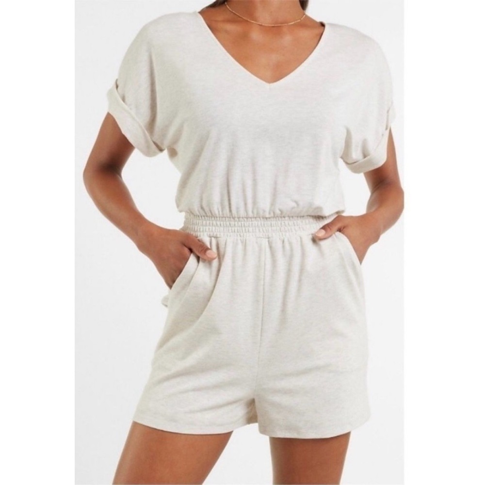 Express Soft V-Neck Lounge Romper in Oatmeal Heather